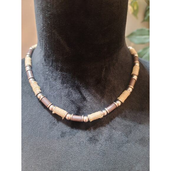 Women's Handmade Beaded Necklace With Wooden Tubes Rope Accents And Lobster Lock - Picture 1 of 5